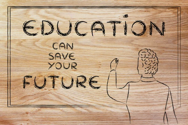 Teacher writing on blakboard about education — Stok fotoğraf