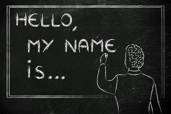 teacher writing on blakboard: Hello, my name is...