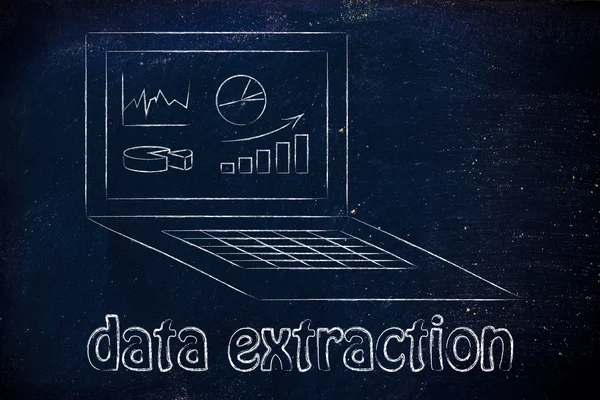 Ordenador con gráficos y estadísticas para la extracción de datos — Foto de Stock