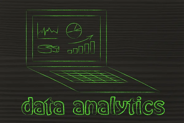 Computer with graphs and stats for data analytics — Stok fotoğraf