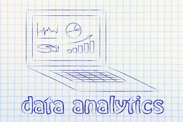 Computer with graphs and stats for data analytics — Stock fotografie