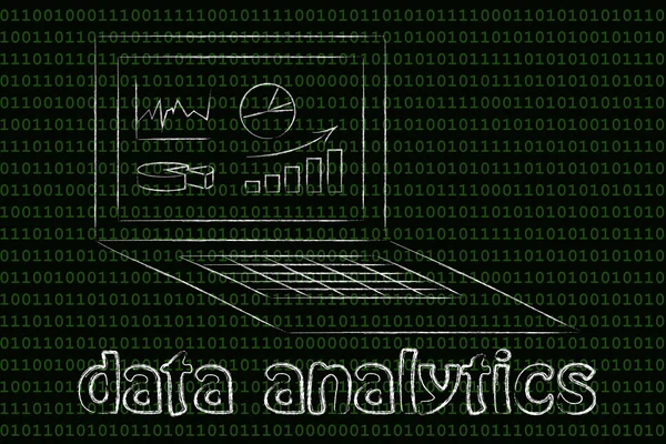 Computer with graphs and stats for data analytics — Stock fotografie