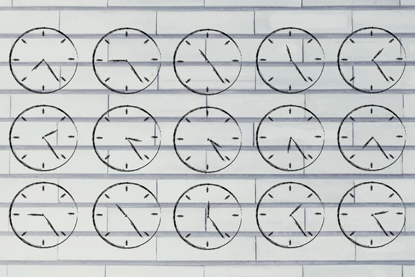 Serie von Uhren, die zeigen, wie die Zeit vergeht — Stockfoto