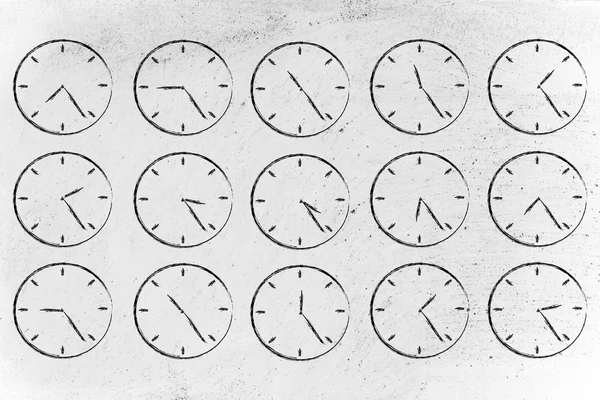 Serie de relojes que muestran el paso del tiempo — Foto de Stock