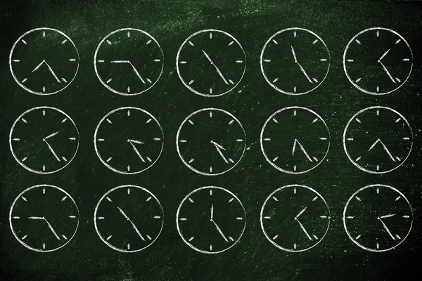 Serie de relojes que muestran el paso del tiempo — Foto de Stock