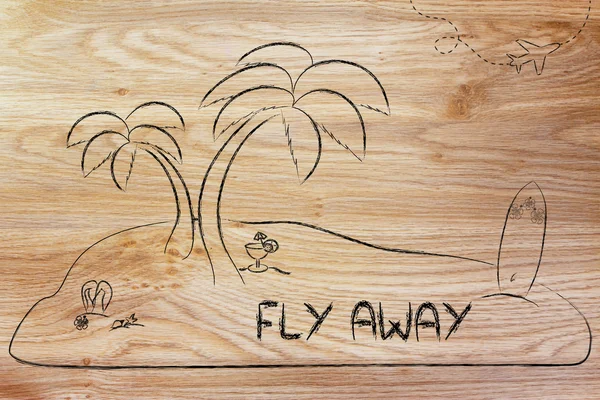 Desert Island with text Fly Away — Stok fotoğraf