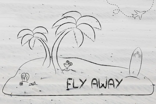 Desert Island with text Fly Away — Stok fotoğraf