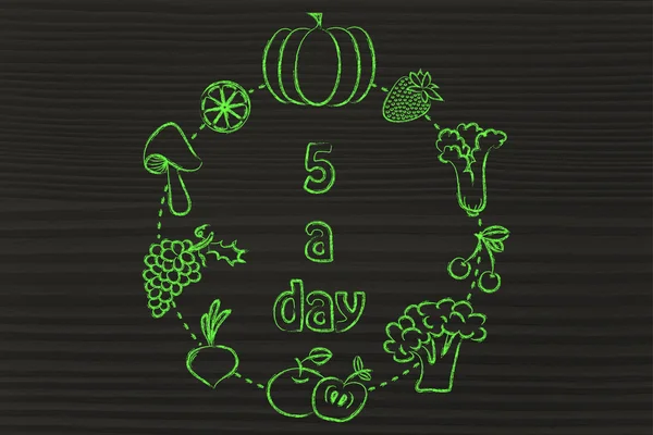 5 al día círculo de frutas y verduras, comer sano — Foto de Stock