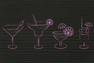 çizilmiş kokteyller el ve gözlük içmek