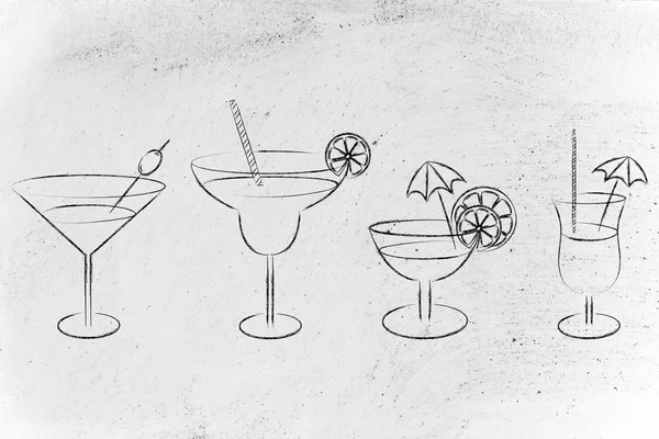 Çizilmiş kokteyller el ve gözlük içmek — Stok fotoğraf