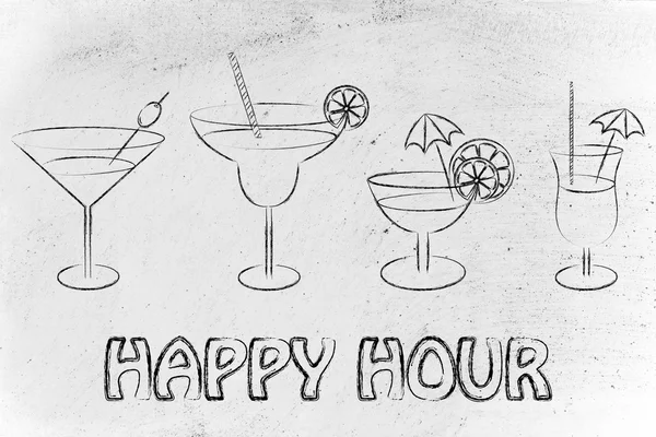 Hora feliz con cócteles y vasos de bebida — Foto de Stock