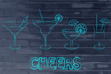 cheers illustration with cocktails and drink glasses