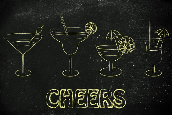 Cheers illustration with cocktails and drink glasses — Zdjęcie stockowe