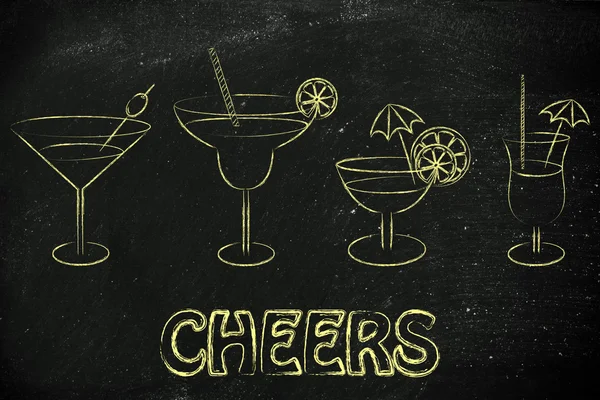 Cheers illustration with cocktails and drink glasses — 图库照片