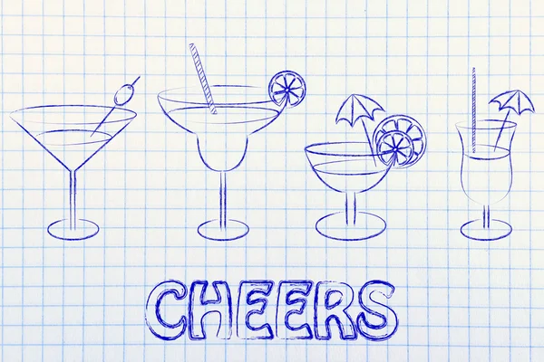 Cheers illustration with cocktails and drink glasses — 스톡 사진