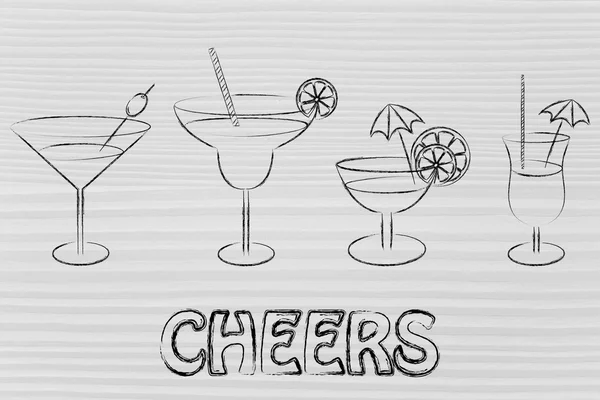 Cheers illustration with cocktails and drink glasses — Stok fotoğraf