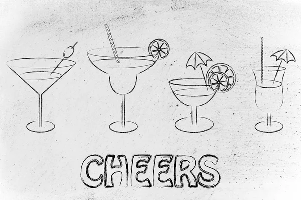 Cheers illustration with cocktails and drink glasses — 图库照片