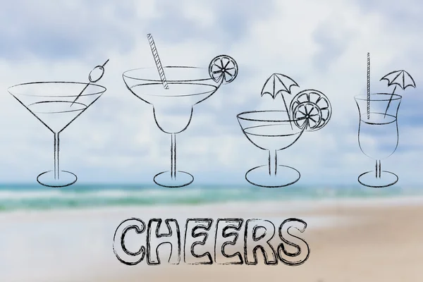 Cheers illustration with cocktails and drink glasses — Zdjęcie stockowe