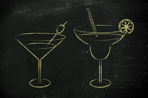Cocktail disegnati a mano e bere bicchieri schizzo — Foto Stock