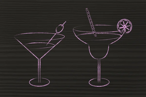 Cocktails desenhados à mão e esboço de copos de bebida — Fotografia de Stock