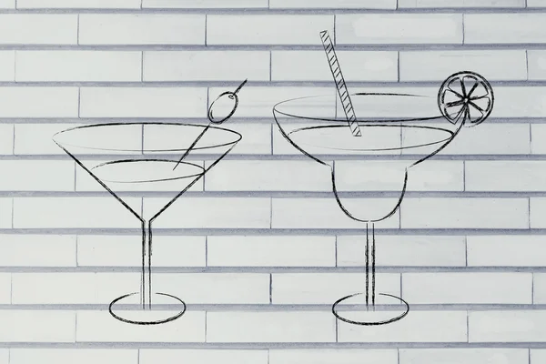 Χέρι συντάσσονται κοκτέιλ και ποτό ποτήρια σκίτσο — Φωτογραφία Αρχείου