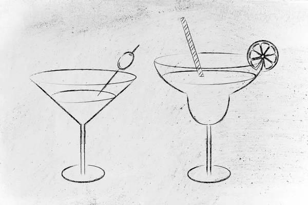 手工绘制的鸡尾酒和喝眼镜素描 — 图库照片