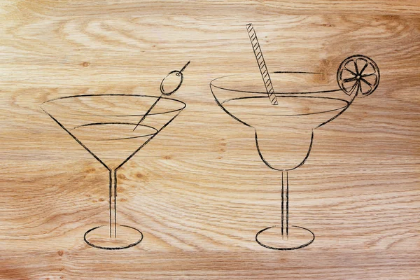 Cocktail disegnati a mano e bere bicchieri schizzo — Foto Stock