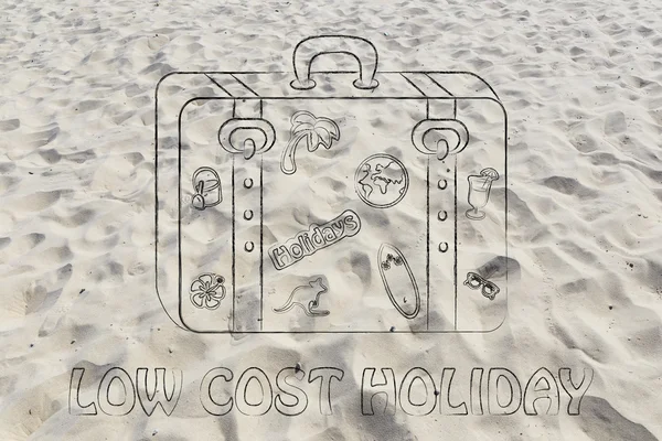 Equipaje con pegatinas ilustración con texto vacaciones de bajo costo — Foto de Stock