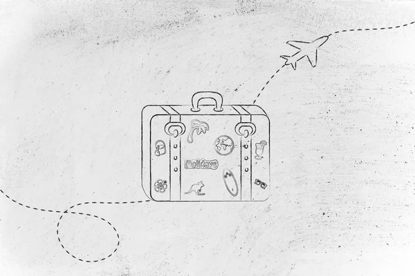 Gepäck mit Aufklebern und fliegendem Flugzeug — Stockfoto