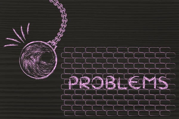 Wrecking ball om att förstöra en vägg med texten problem — Stockfoto
