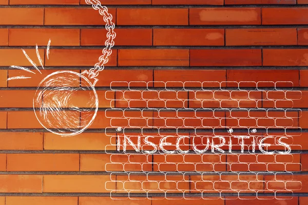 Wrecking ball about to destroy a wall with the text Insecurities — Stock Photo, Image