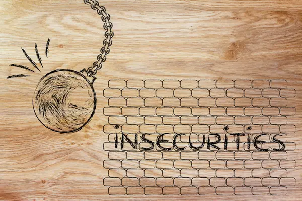 Wrecking ball about to destroy a wall with the text Insecurities — Stock Photo, Image