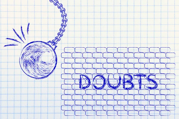 Wrecking ball about to destroy a wall with the text Doubts — Stok fotoğraf