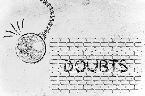 Wrecking ball about to destroy a wall with the text Doubts — Stockfoto
