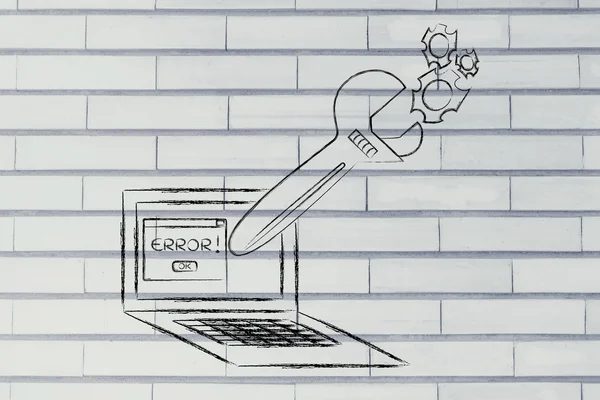 Llave de gran tamaño fijación de mensaje de error en la pantalla del ordenador — Foto de Stock