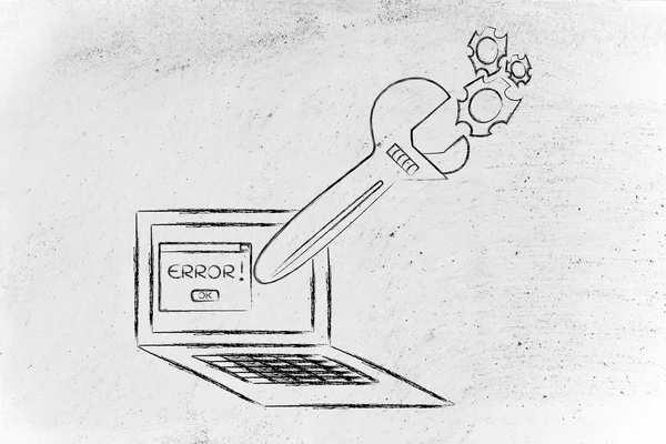 Llave de gran tamaño fijación de mensaje de error en la pantalla del ordenador — Foto de Stock