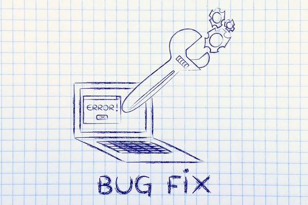 Oversized wrench fixing bugs on a computer — Φωτογραφία Αρχείου