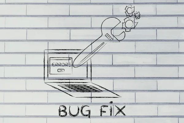 Oversized wrench fixing bugs on a computer — Stock fotografie