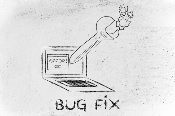 Oversized wrench fixing bugs on a computer — 图库照片