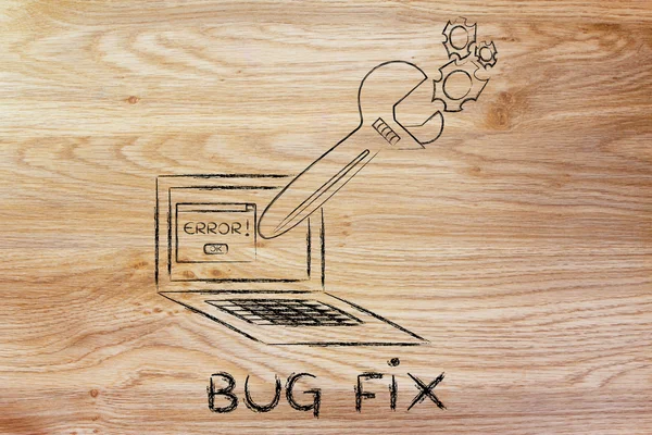 Oversized wrench fixing bugs on a computer — Φωτογραφία Αρχείου