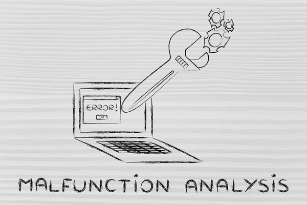 Clé surdimensionnée réparation d'un ordinateur, analyse de dysfonctionnement — Photo