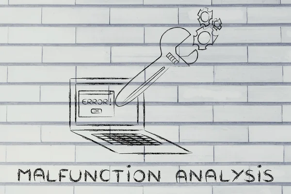 Oversized wrench fixing a computer, malfunction analysis — Stock Photo, Image