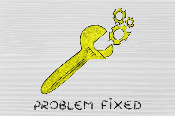 Problem fixed, golden wrench fixing a set gearwheels — Stock Photo, Image