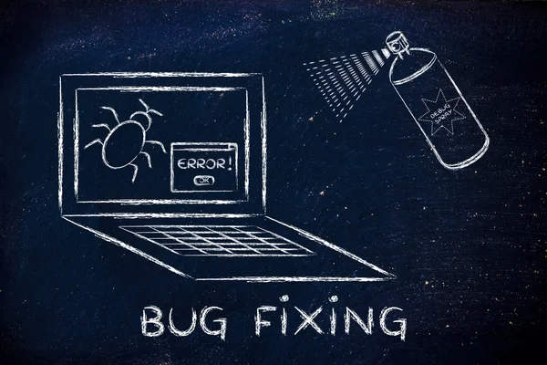 Funny spray fixing computer bugs — Stock Photo, Image