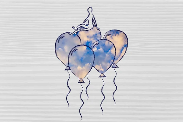 Person sitting on balloons, metaphor of feeling — Stock Photo, Image