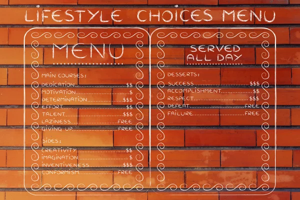 Menu humorístico com possíveis escolhas de estilo de vida e seu valor — Fotografia de Stock