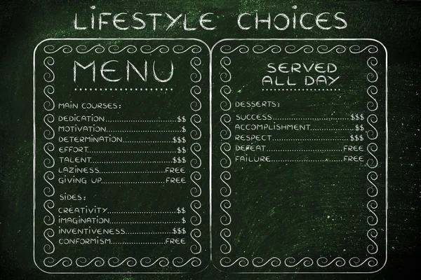 Menu humoristique avec des choix d'attitudes possibles et l'effort — Photo