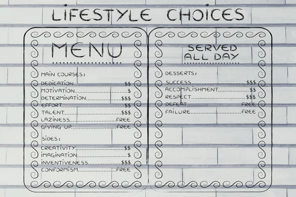 Menu humoristique avec des choix d'attitudes possibles et l'effort — Photo