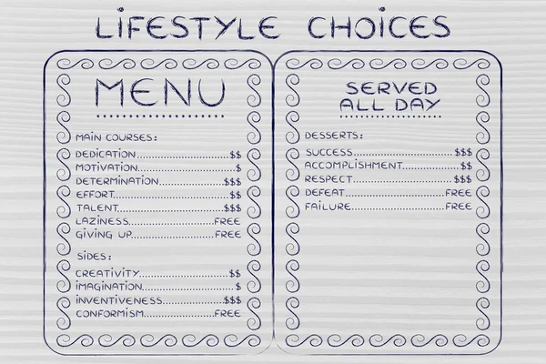 Menu humoristique avec des choix d'attitudes possibles et l'effort — Photo