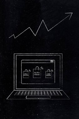 Alışveriş torbaları, Kara Cuma etiketli bir laptop ve ekommerce satış artışını ve başarılı çevrimiçi promosyonları sembolize eden yükselen bir okla siber pazartesi.